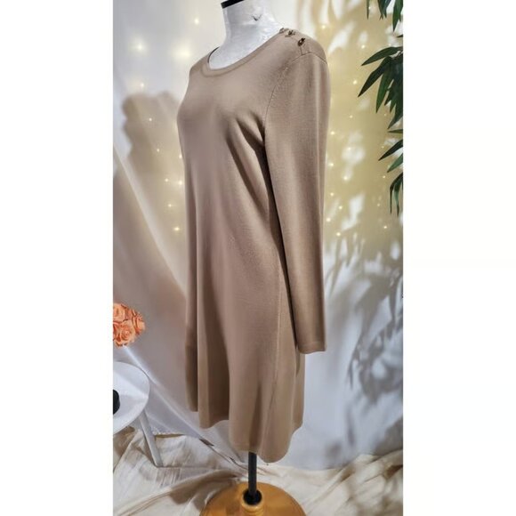 Talbots 100% Merino Wool Shoulder Button Accent Midi Sweater Dress Size L Tan - Picture 2 of 6